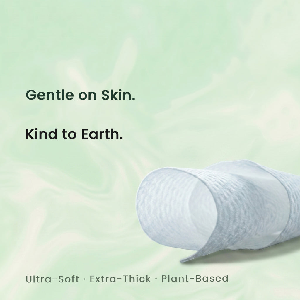 Roll of ultra-soft, extra-thick, plant-based product of inficare face towels with text 'Gentle on Skin. Kind to Earth.' on a light green background.