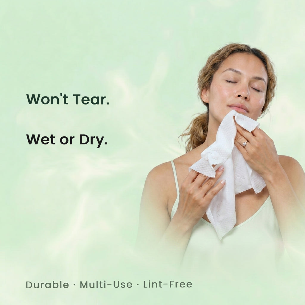 Woman using a white cloth with text on a light green background