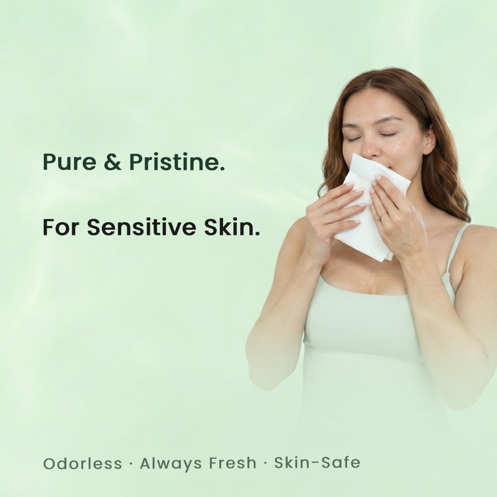 Woman using inifcare face towels with text about sensitive skin care on a light green background