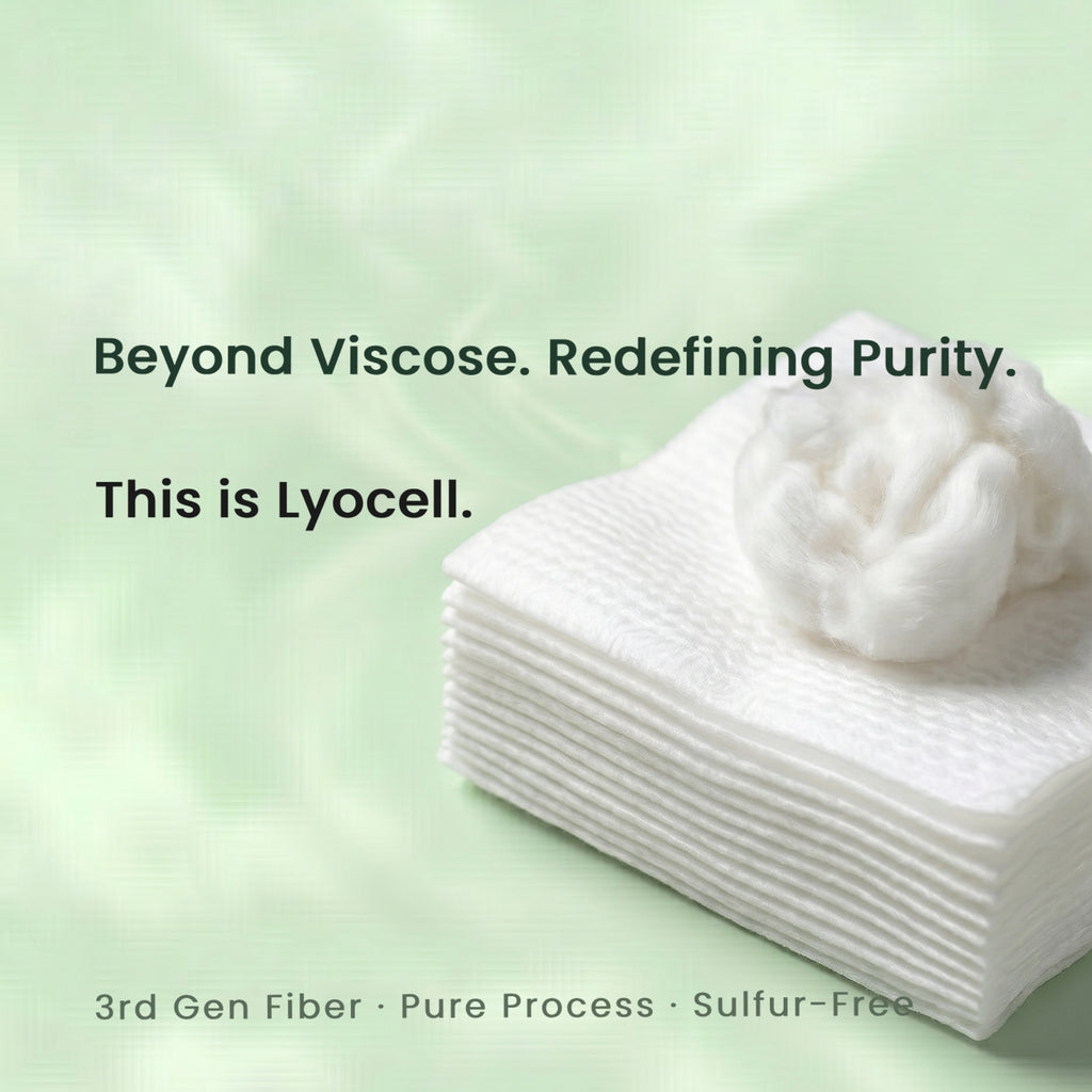 Stack of Lyocell fabric with text on a light green background