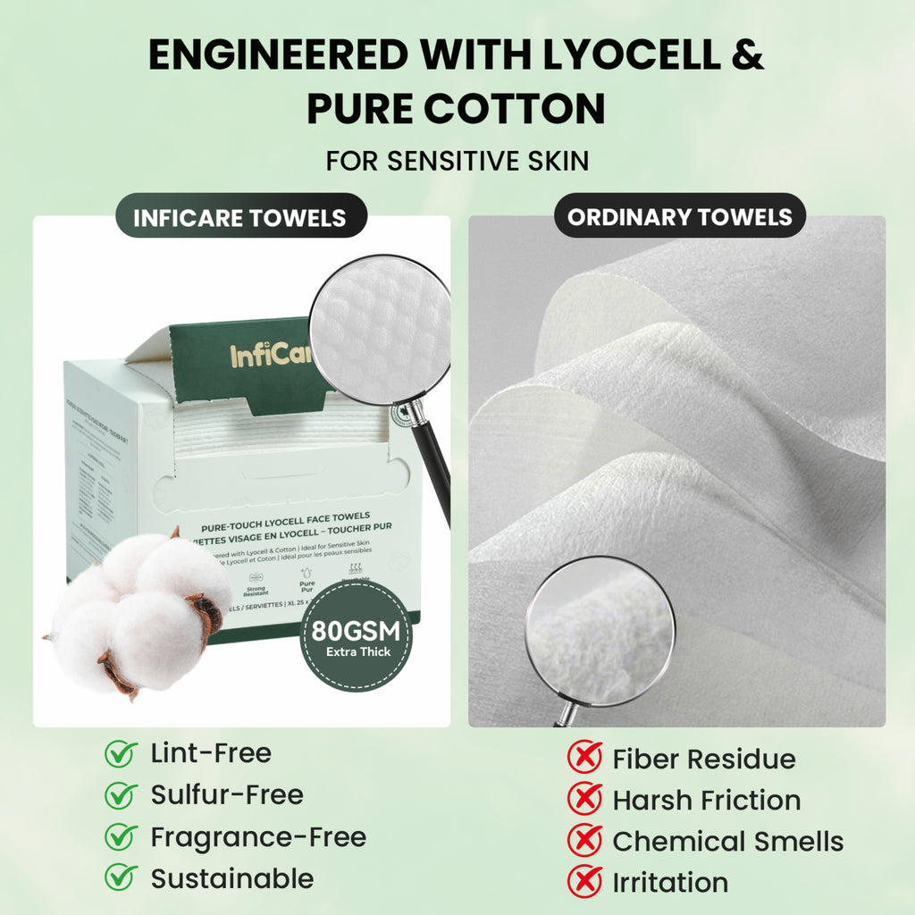 InfiCare lyocell and pure cotton face towels with comparison to ordinary towels on a light green background.