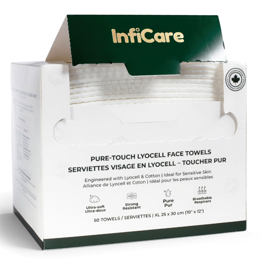 Box of Inficare pure-touch lyocell face towels on a white background