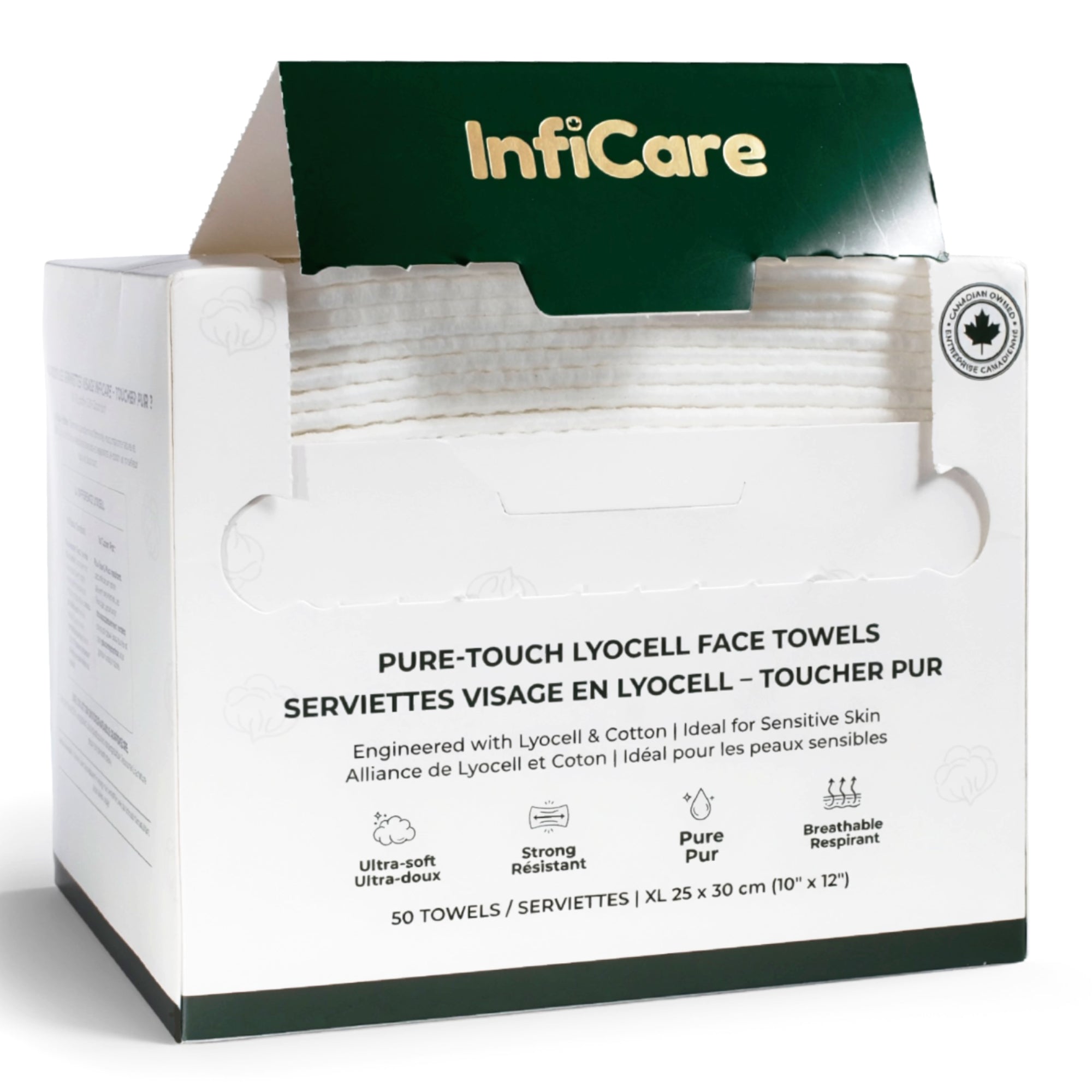 Box of Inficare pure-touch lyocell face towels on a white background