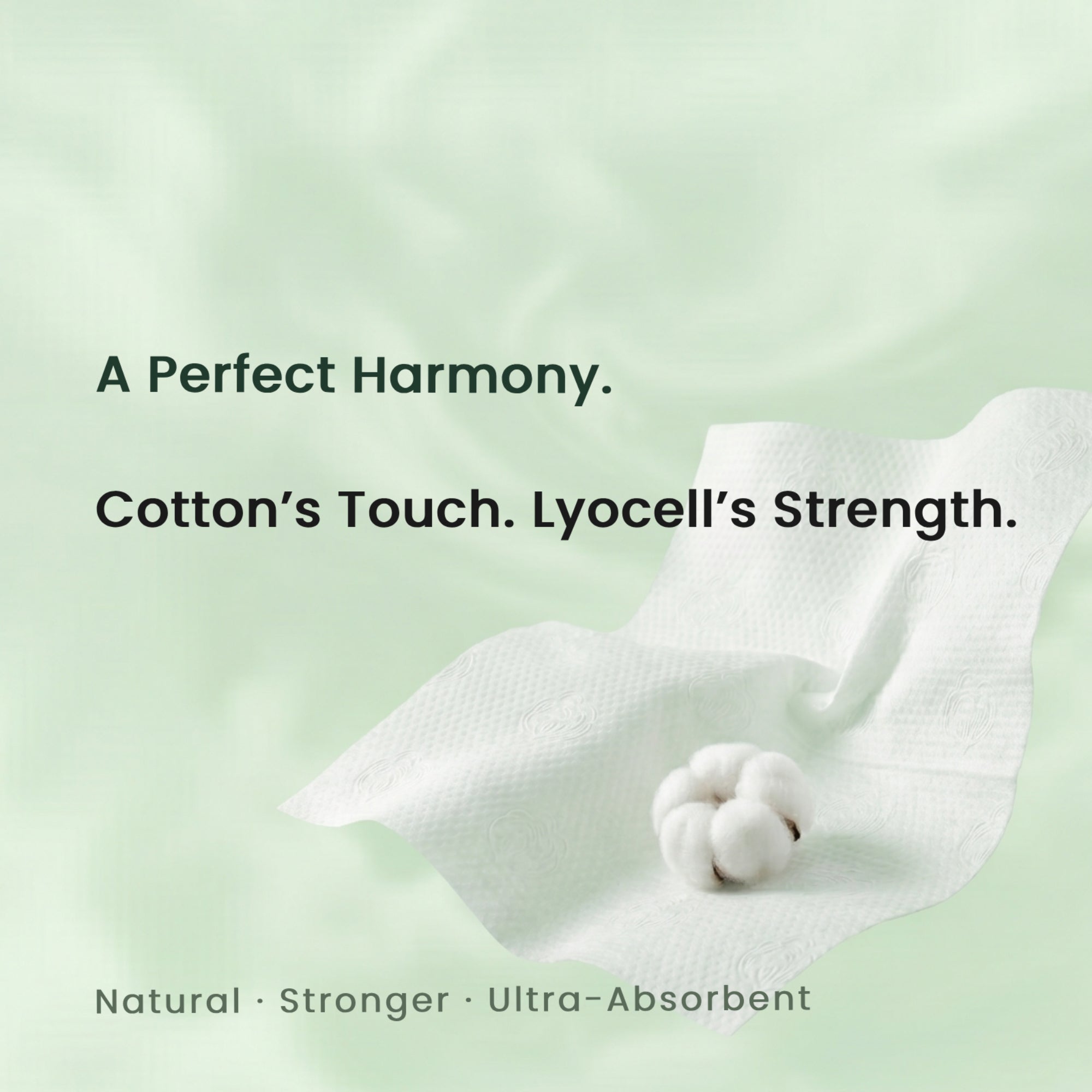 Text on a light green background with a white cotton ball and lyocell fiber.